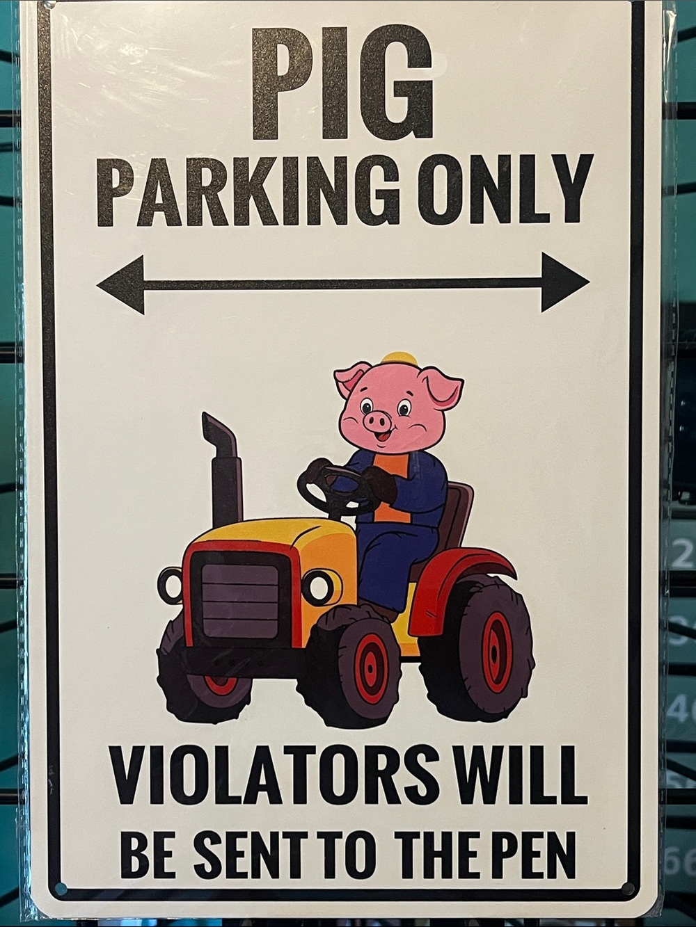 Pig Tractor Sign Wall Decor - White, Pink, Red Metal